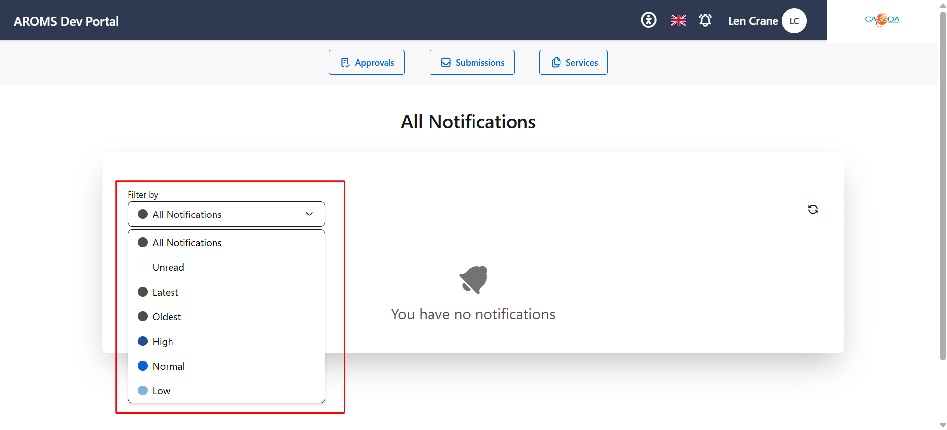 All Notifications filter dropdown