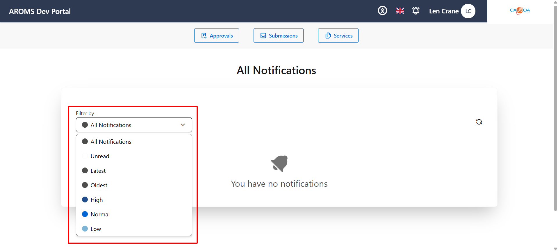 Profile notifications menu